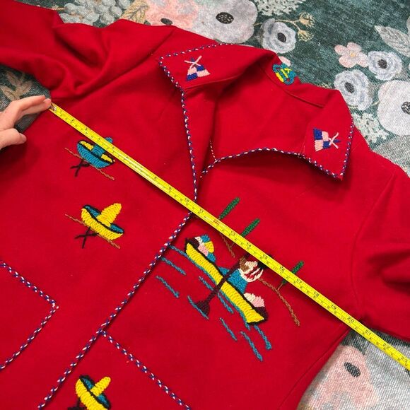 Vintage Handmade Tourist Jacket Womens Medium Red Embroidered Mexican Folk Art - Picture 8 of 13